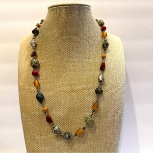 Multi-color Boho Genuine Gemstone & Glass beaded Necklace red, green, yellow